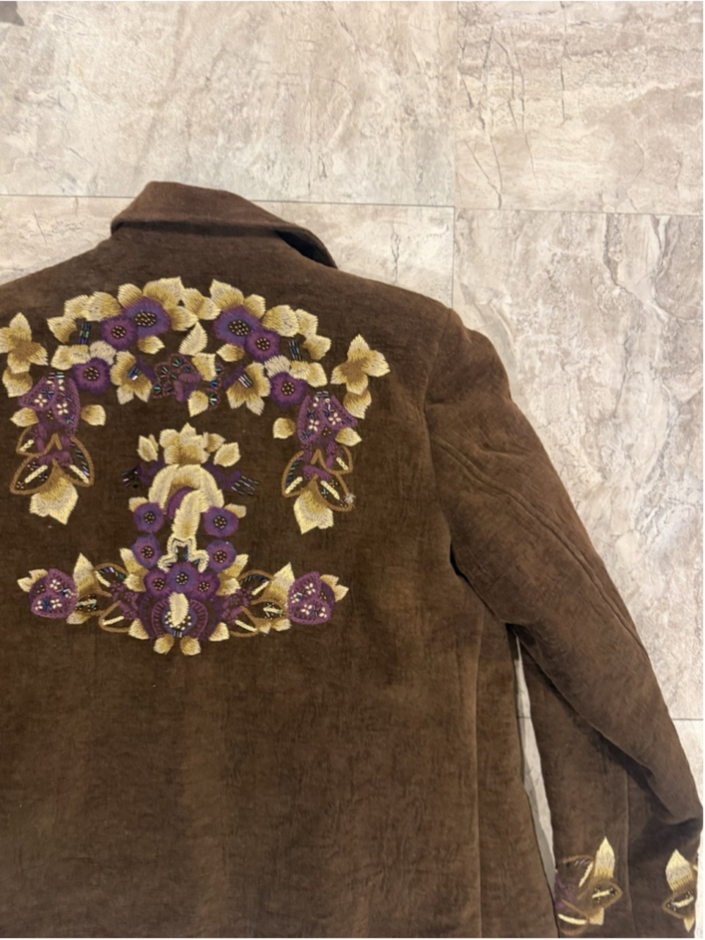 Coldwater Creek Women’s Brown Floral Embroidered Embellished Velour Jacket Sz 10